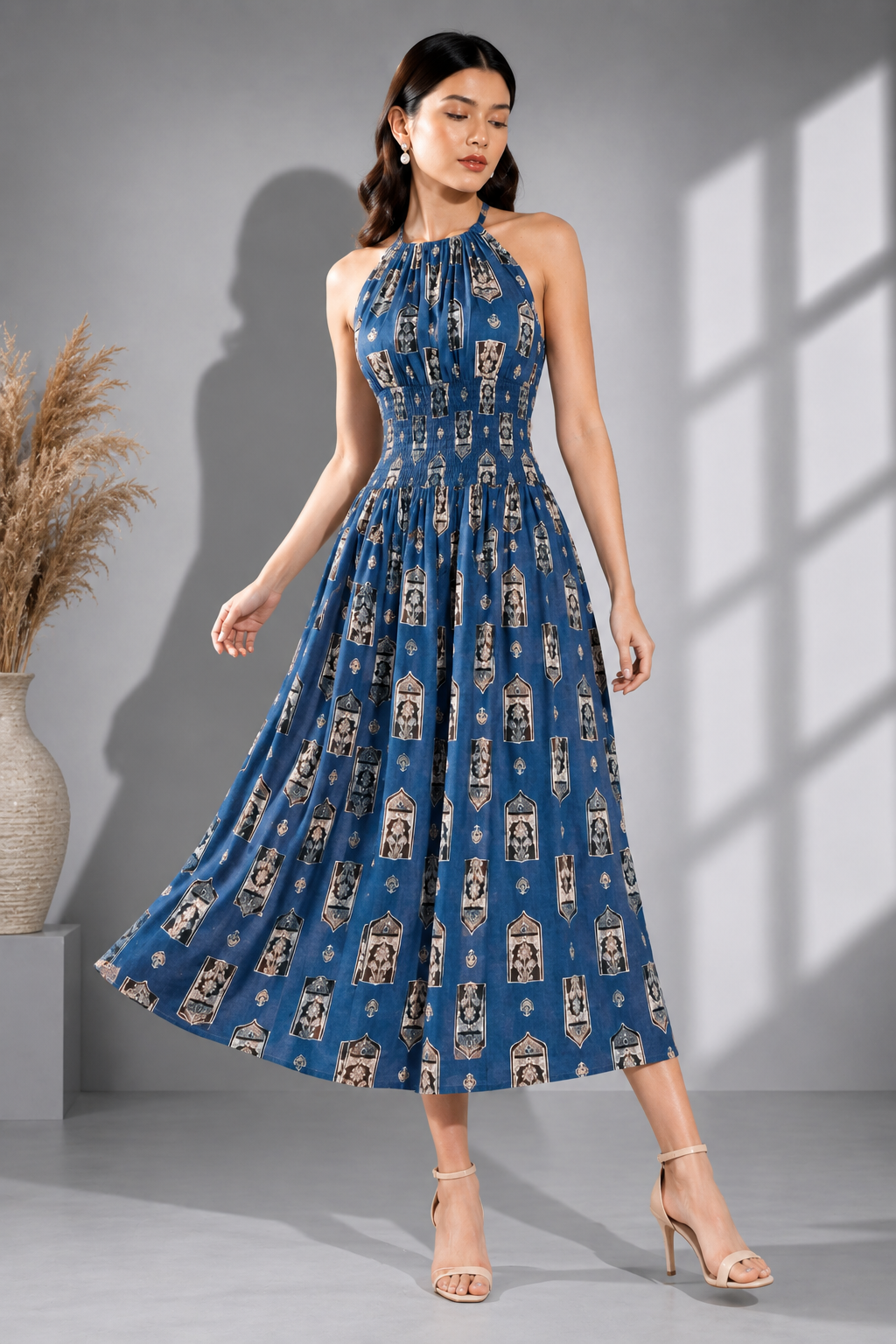 Women’s Blue Printed Halter Neck Midi Dress
