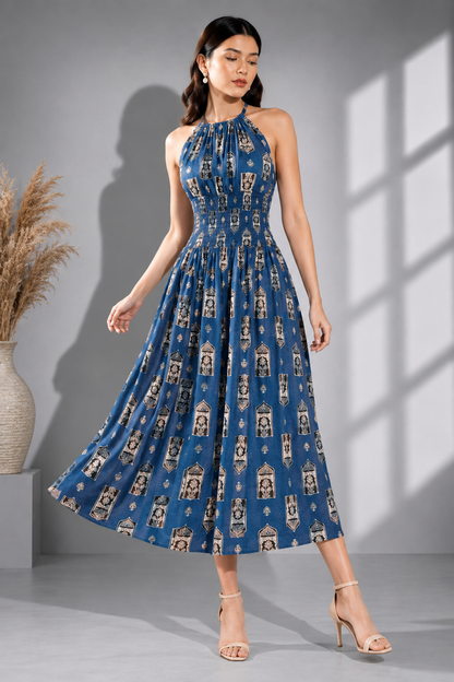 Women’s Blue Printed Halter Neck Midi Dress