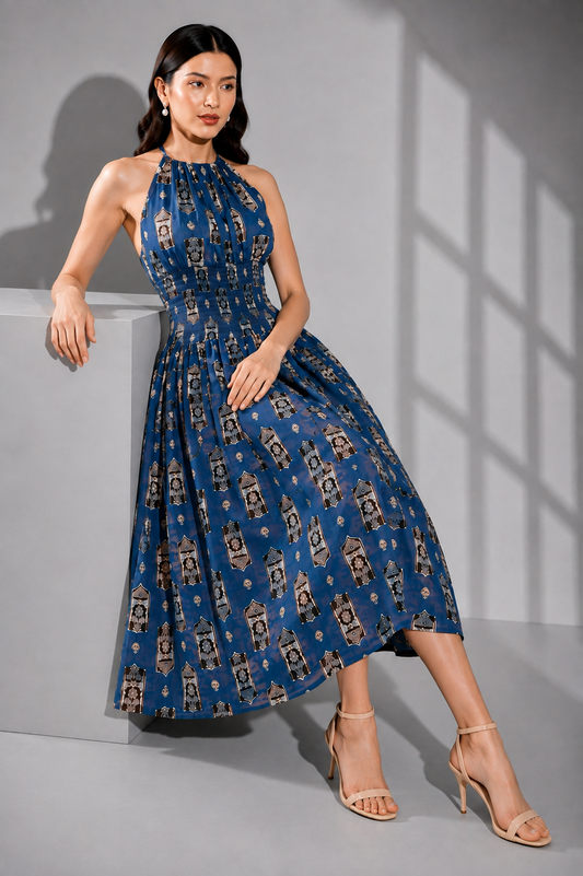 Women’s Blue Printed Halter Neck Midi Dress