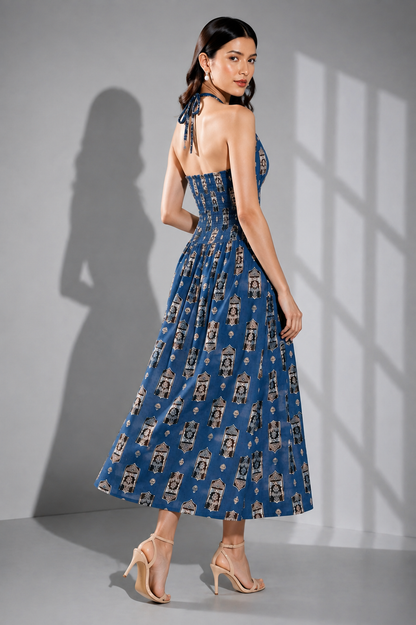 Women’s Blue Printed Halter Neck Midi Dress