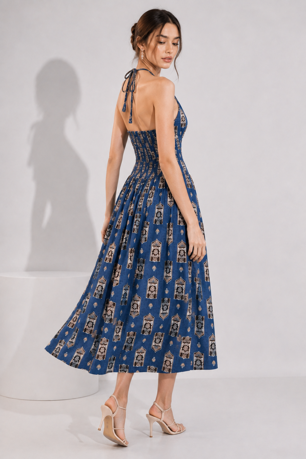 Women’s Blue Printed Halter Neck Midi Dress