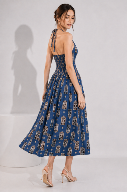 Women’s Blue Printed Halter Neck Midi Dress