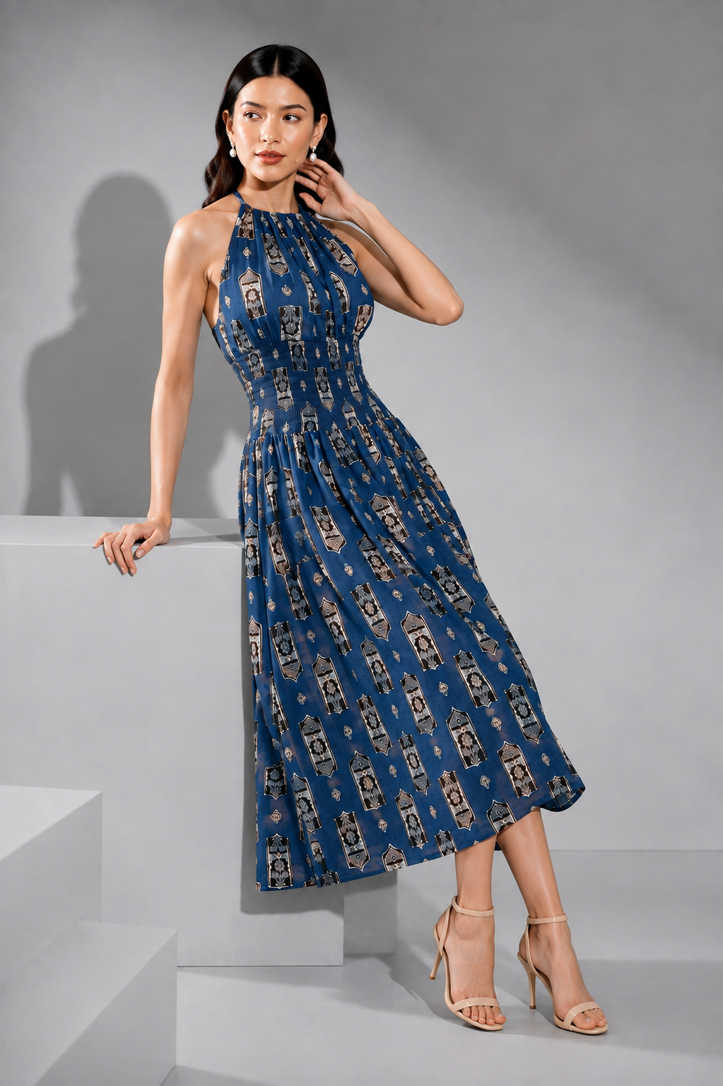 Women’s Blue Printed Halter Neck Midi Dress