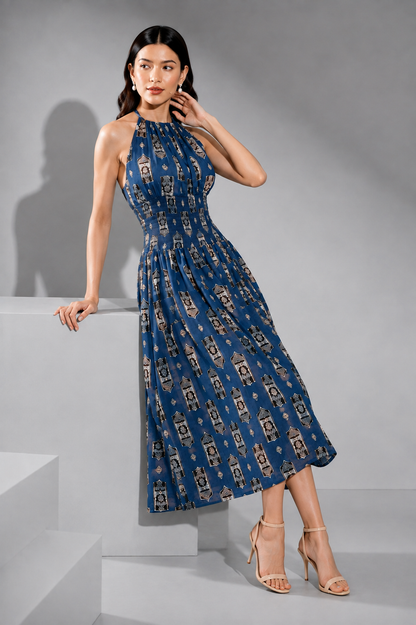 Women’s Blue Printed Halter Neck Midi Dress