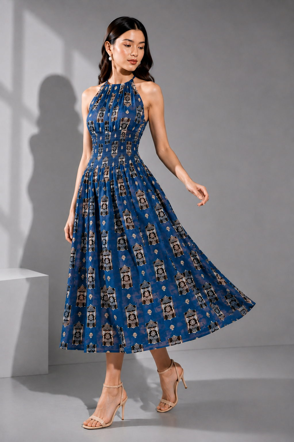 Women’s Blue Printed Halter Neck Midi Dress
