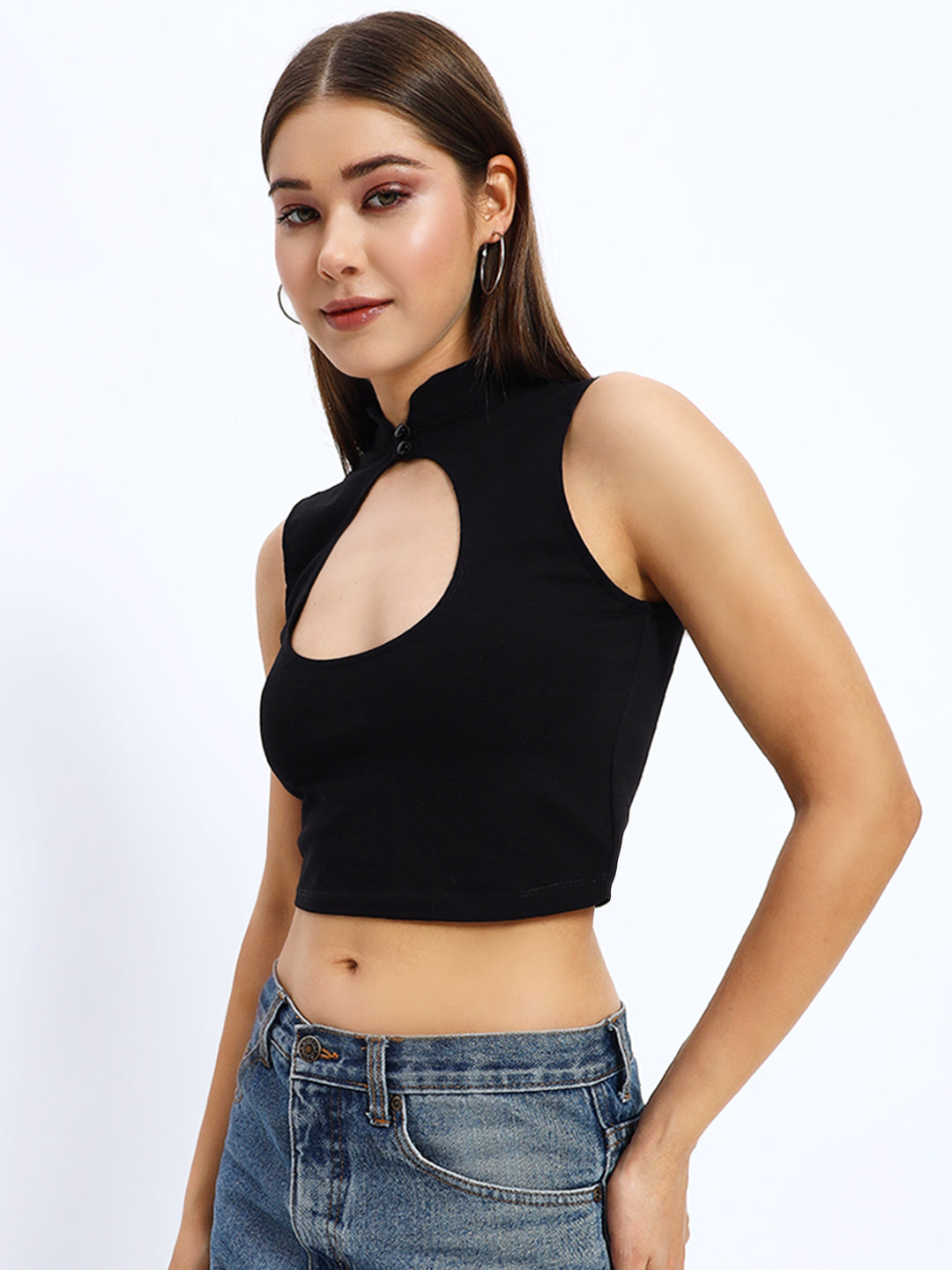 Sleeveless High Neck Cut-out Detail Crop Top