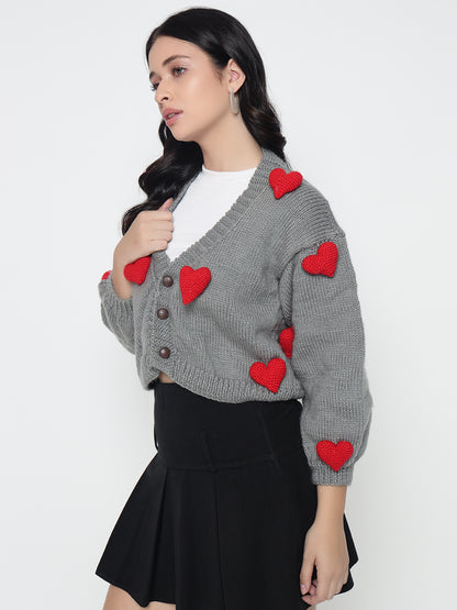 Cupid Heart Cardigan - Red Grey