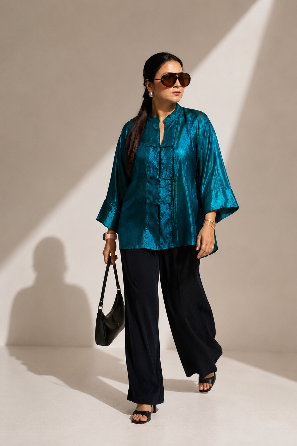 Teal Satin Mandarin Collar Tie-Front Blouse