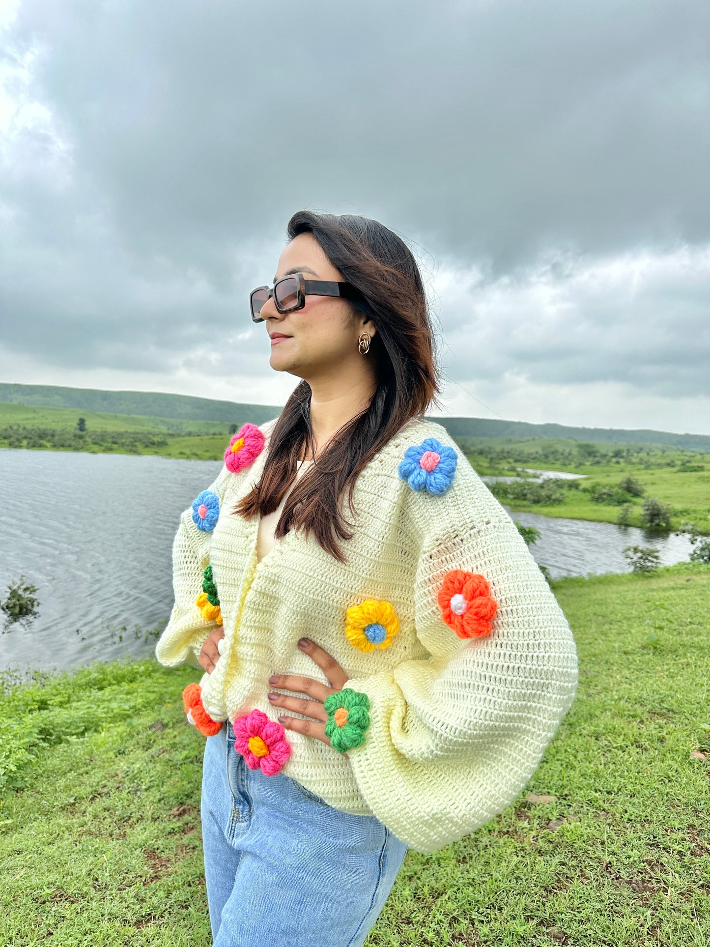 Multicoloured Daisy Beige Cardigan