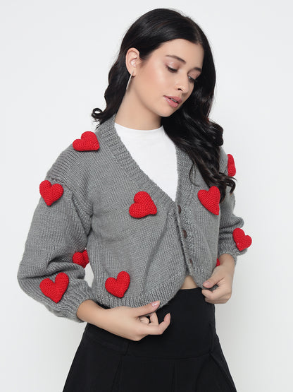 Cupid Heart Cardigan - Red Grey