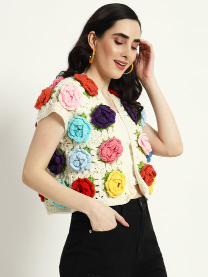 Multi Rose Half Sleeves Sweater