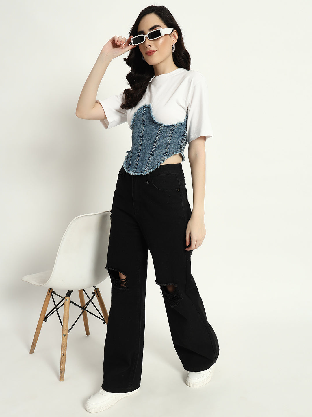 Denim Corset Attached Top - White