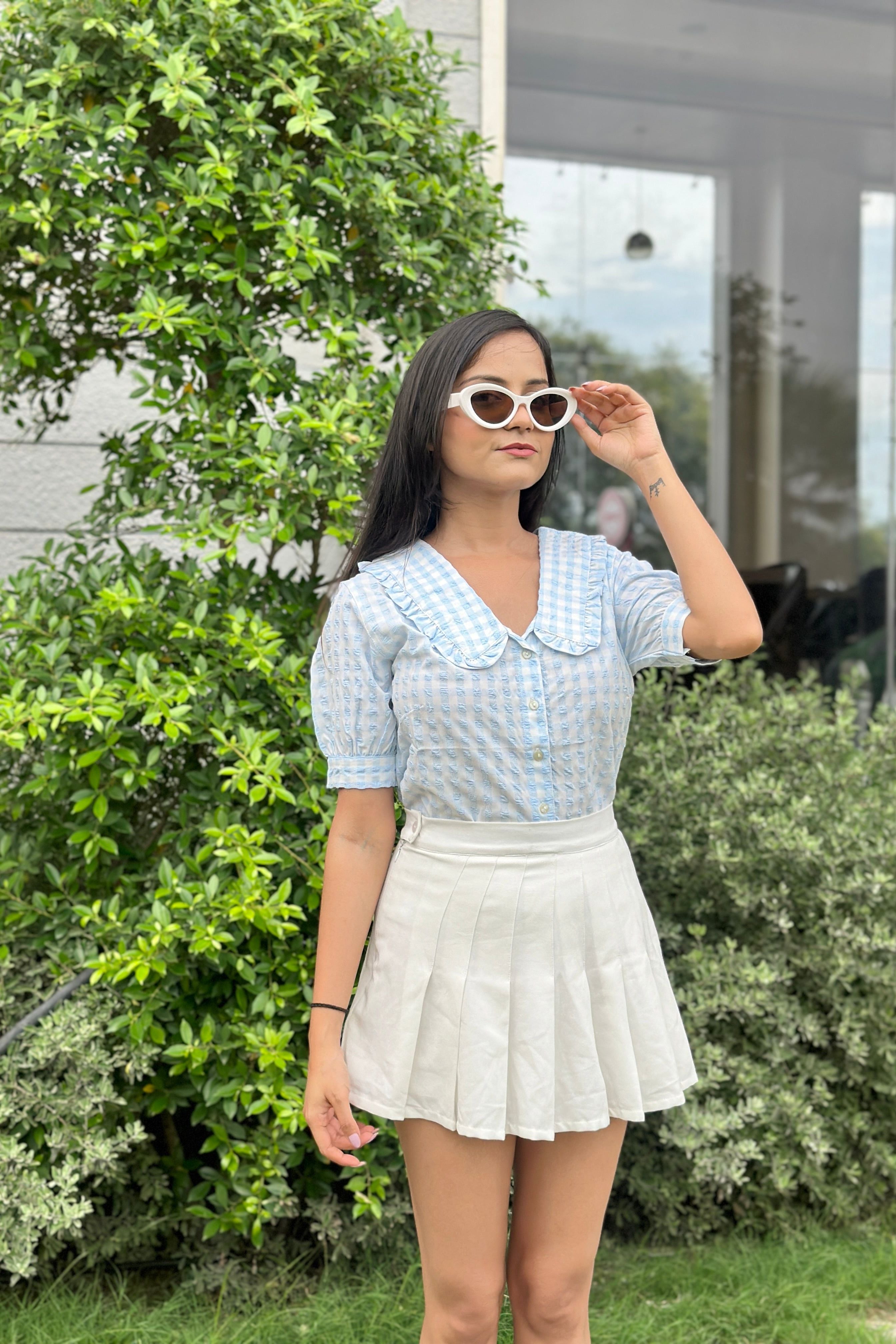 Blue Gingham Collar Top