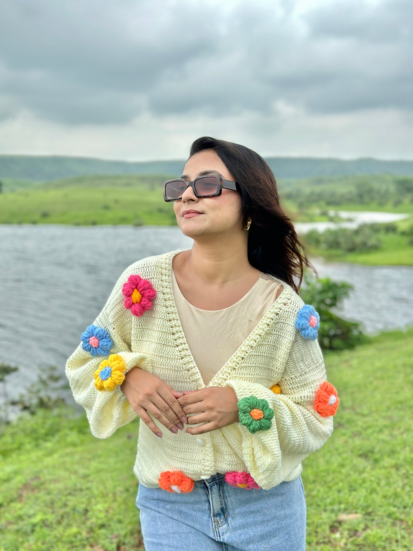 Multicoloured Daisy Beige Cardigan