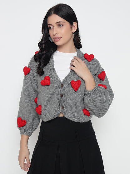 Cupid Heart Cardigan - Red Grey