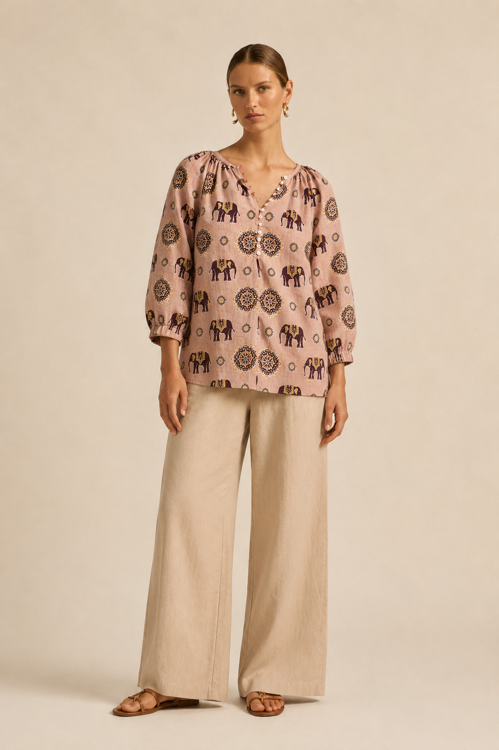 Women's Elephant Print Cotton Top | Peach