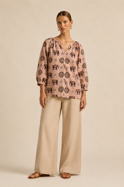 Women's Elephant Print Cotton Top | Peach