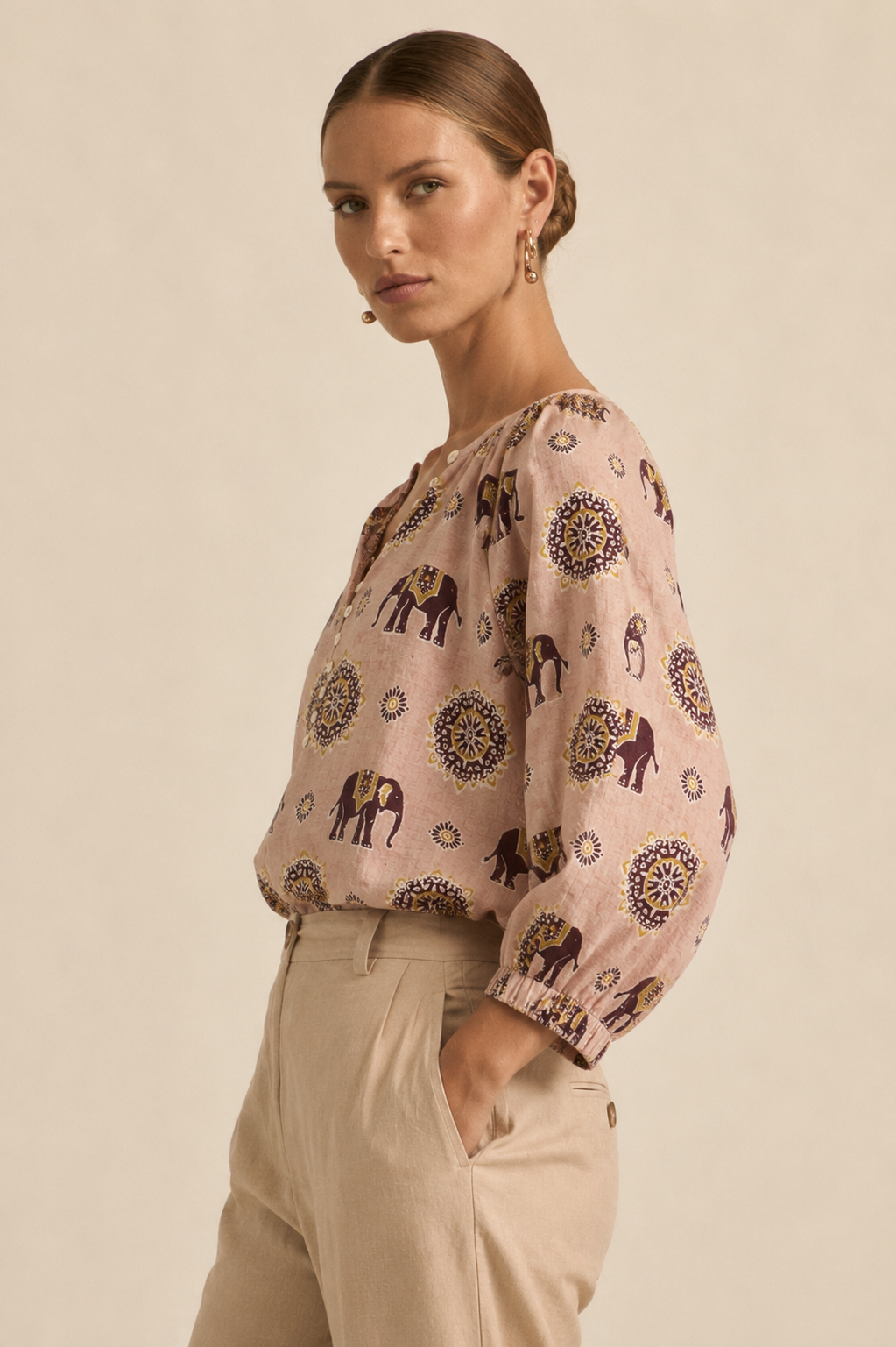 Women's Elephant Print Cotton Top | Peach