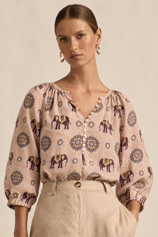 Women's Elephant Print Cotton Top | Peach