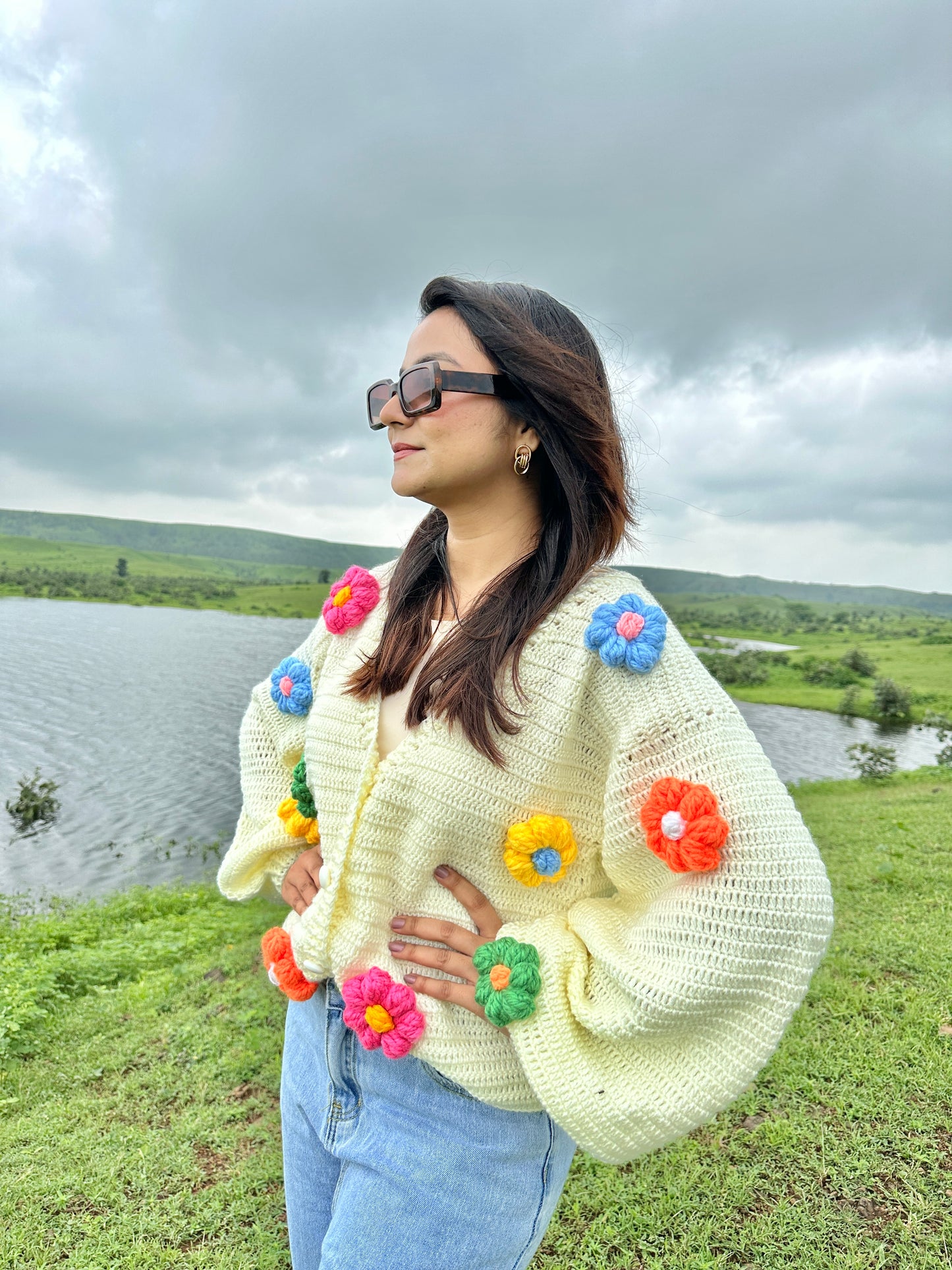 Multicoloured Daisy Beige Cardigan