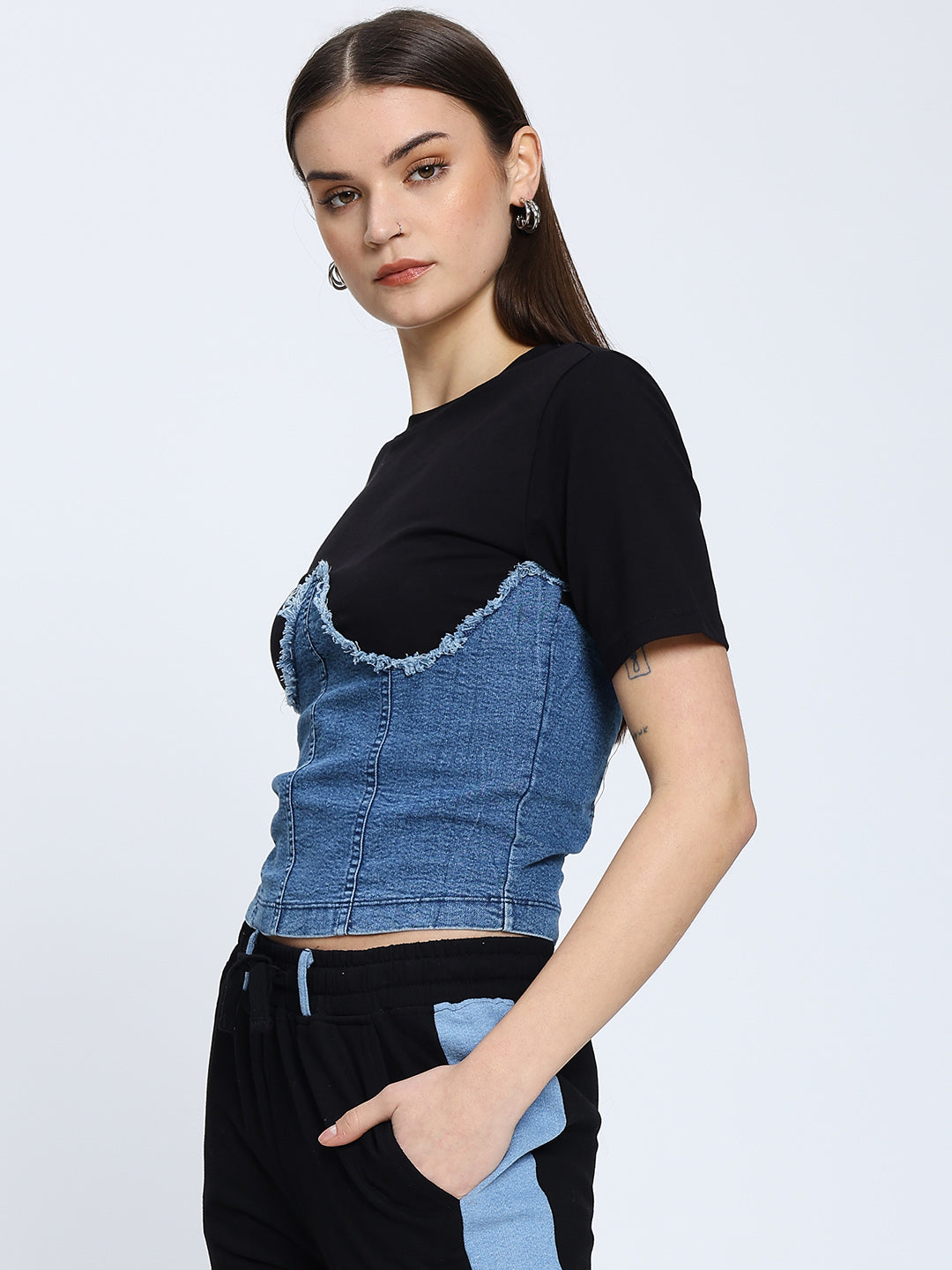 Denim Corset Attached Top - Black