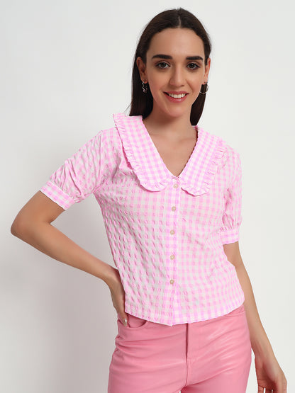 Pink Ghingam Collar Top