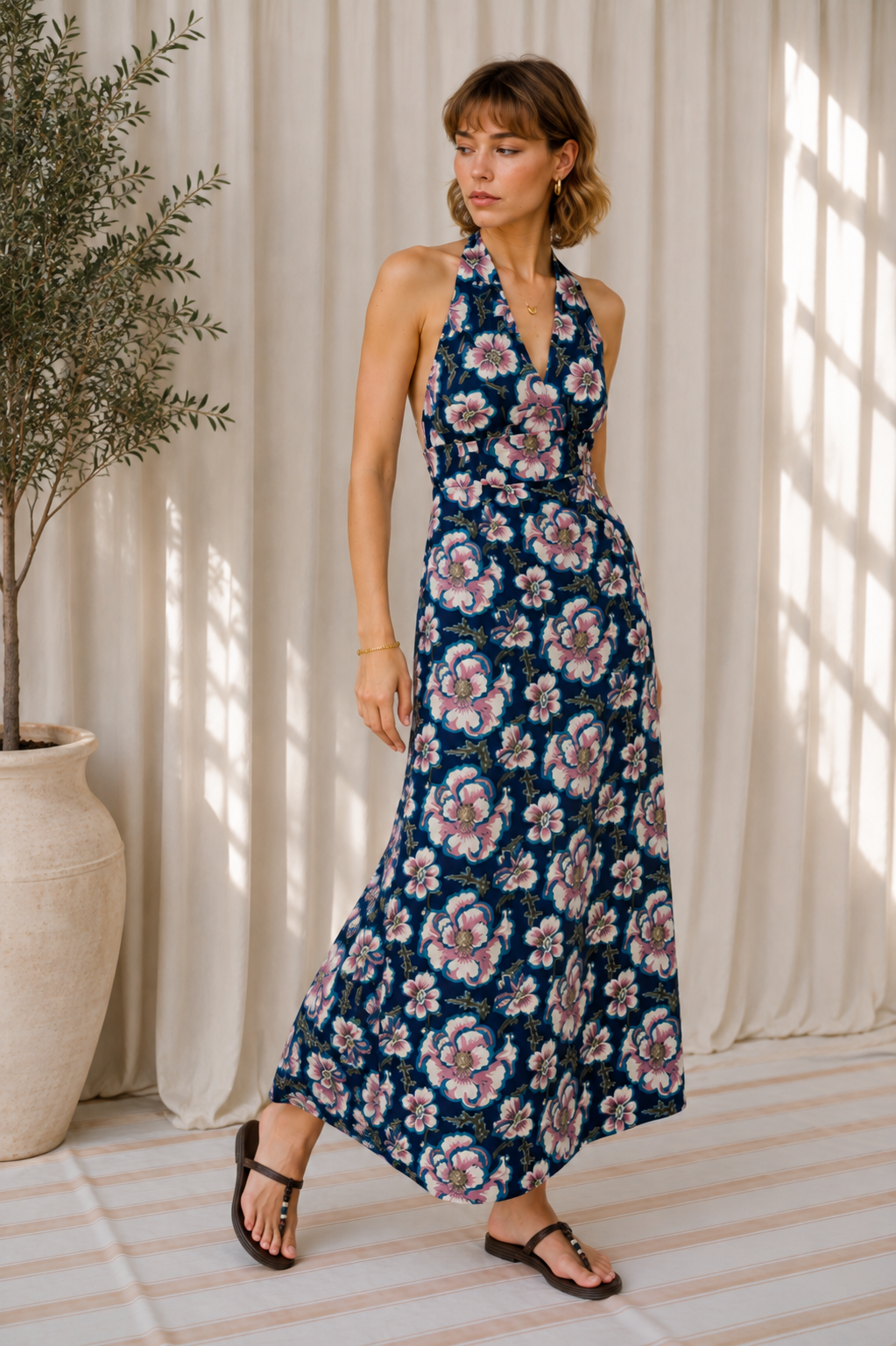 Women’s Floral Printed Halter Neck Flared Maxi Dress