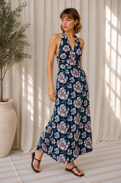 Women’s Floral Printed Halter Neck Flared Maxi Dress