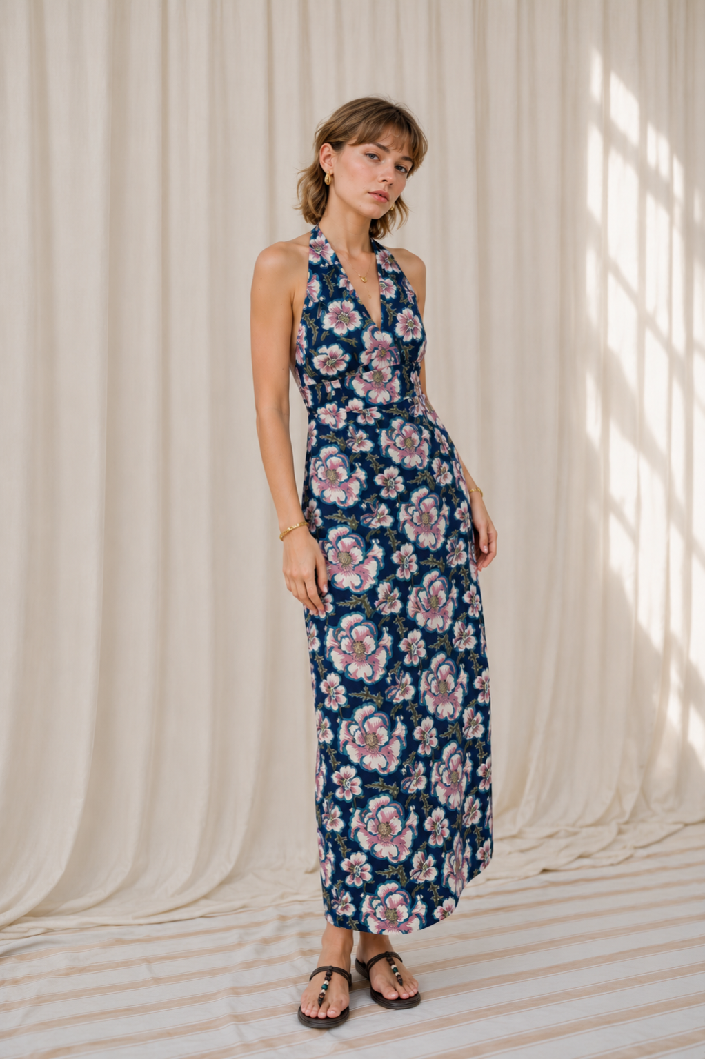 Women’s Floral Printed Halter Neck Flared Maxi Dress