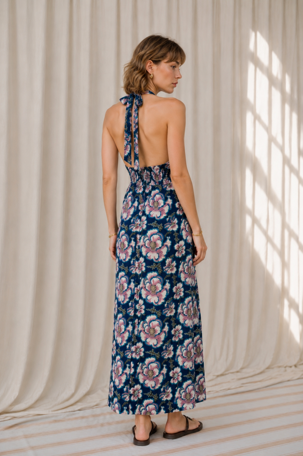 Women’s Floral Printed Halter Neck Flared Maxi Dress