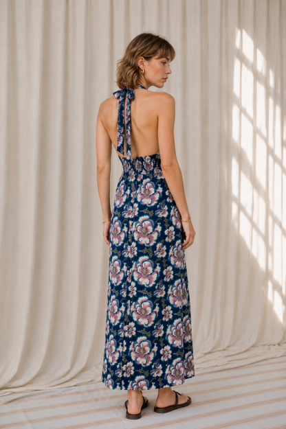 Women’s Floral Printed Halter Neck Flared Maxi Dress