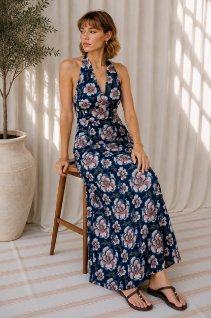 Women’s Floral Printed Halter Neck Flared Maxi Dress