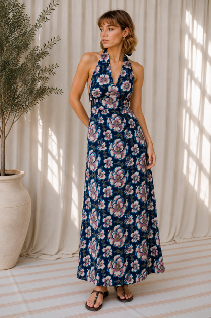 Women’s Floral Printed Halter Neck Flared Maxi Dress