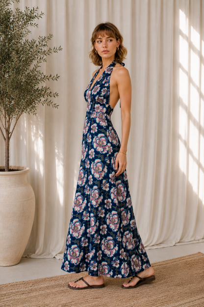 Women’s Floral Printed Halter Neck Flared Maxi Dress