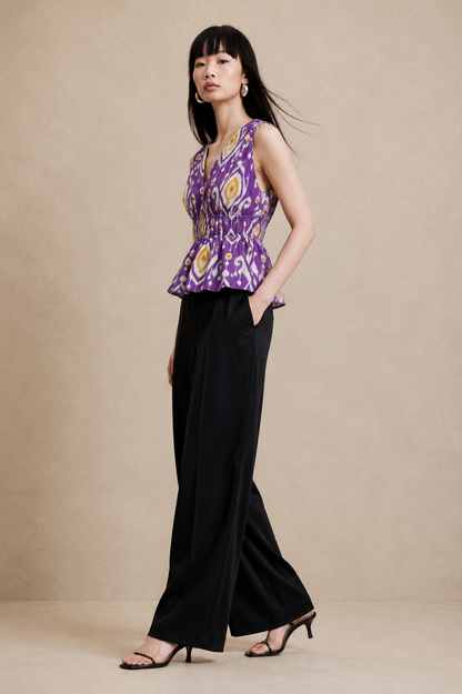 Women's Purple Ikat Print Sleeveless V-Neck Peplum Top
