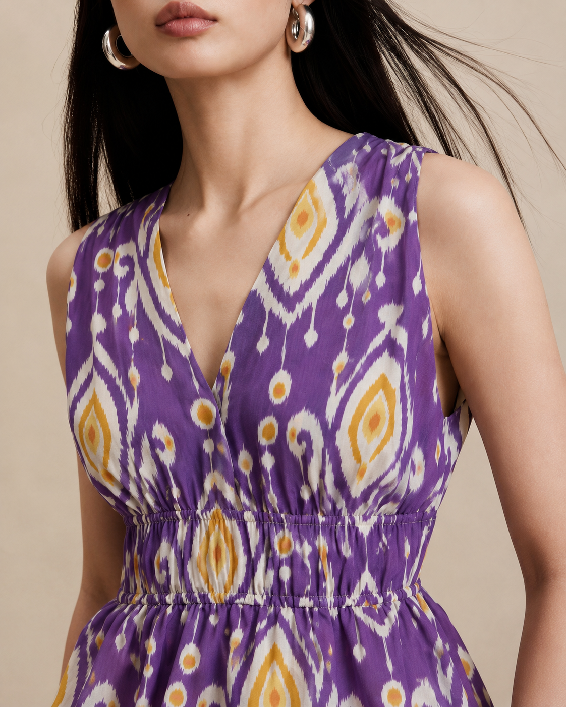 Women's Purple Ikat Print Sleeveless V-Neck Peplum Top
