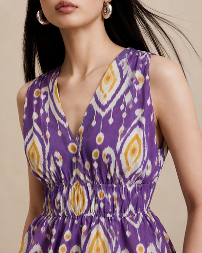 Women's Purple Ikat Print Sleeveless V-Neck Peplum Top