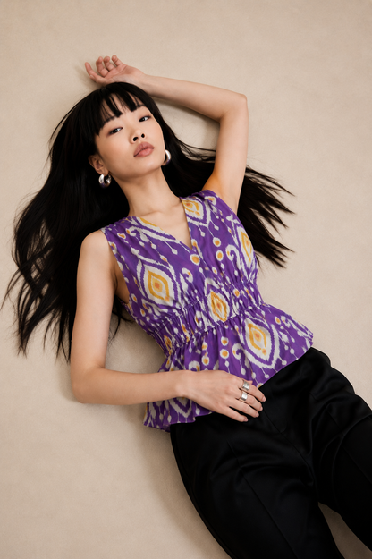 Women's Purple Ikat Print Sleeveless V-Neck Peplum Top