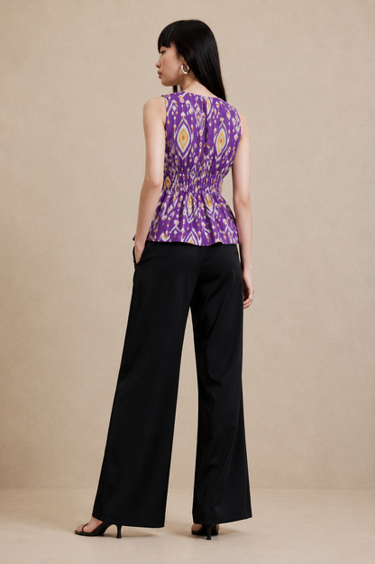 Women's Purple Ikat Print Sleeveless V-Neck Peplum Top
