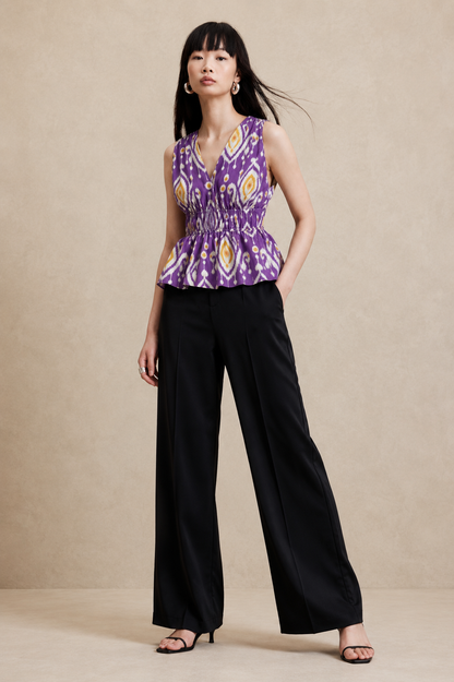 Women's Purple Ikat Print Sleeveless V-Neck Peplum Top