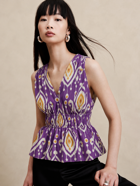 Women's Purple Ikat Print Sleeveless V-Neck Peplum Top