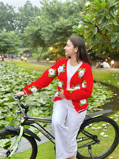 Jane Flower Patch Handmade Cardigan - Red