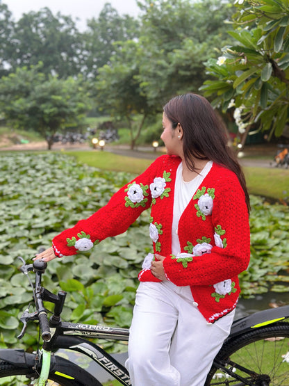 Jane Flower Patch Handmade Cardigan - Red