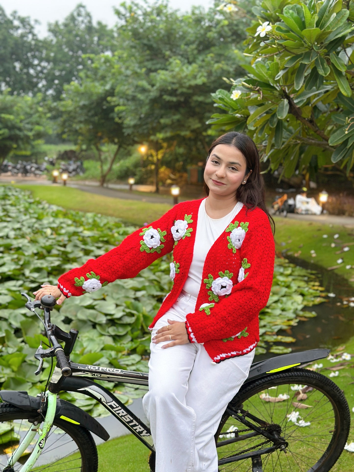 Jane Flower Patch Handmade Cardigan - Red