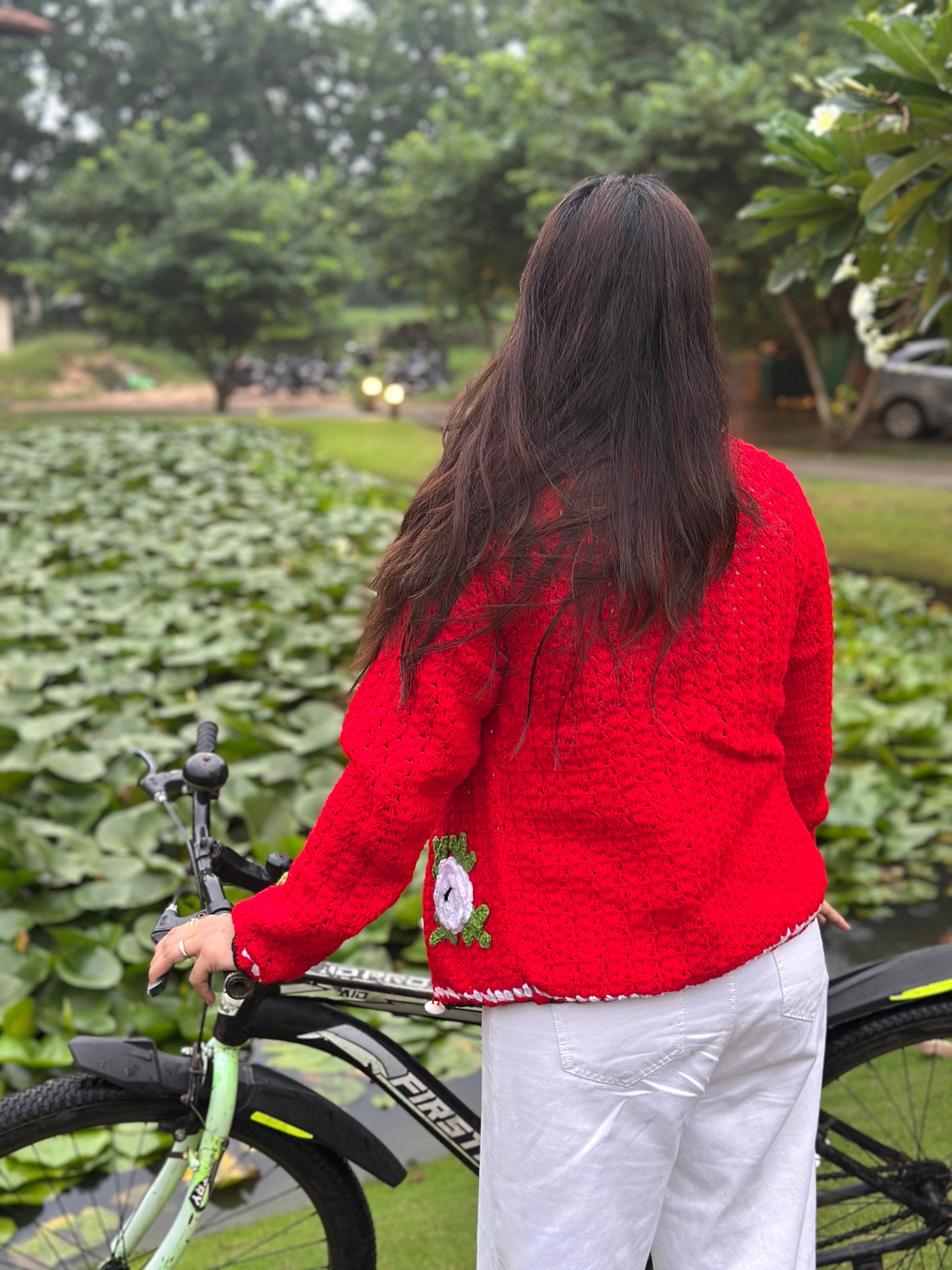 Jane Flower Patch Handmade Cardigan - Red