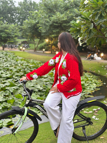 Jane Flower Patch Handmade Cardigan - Red