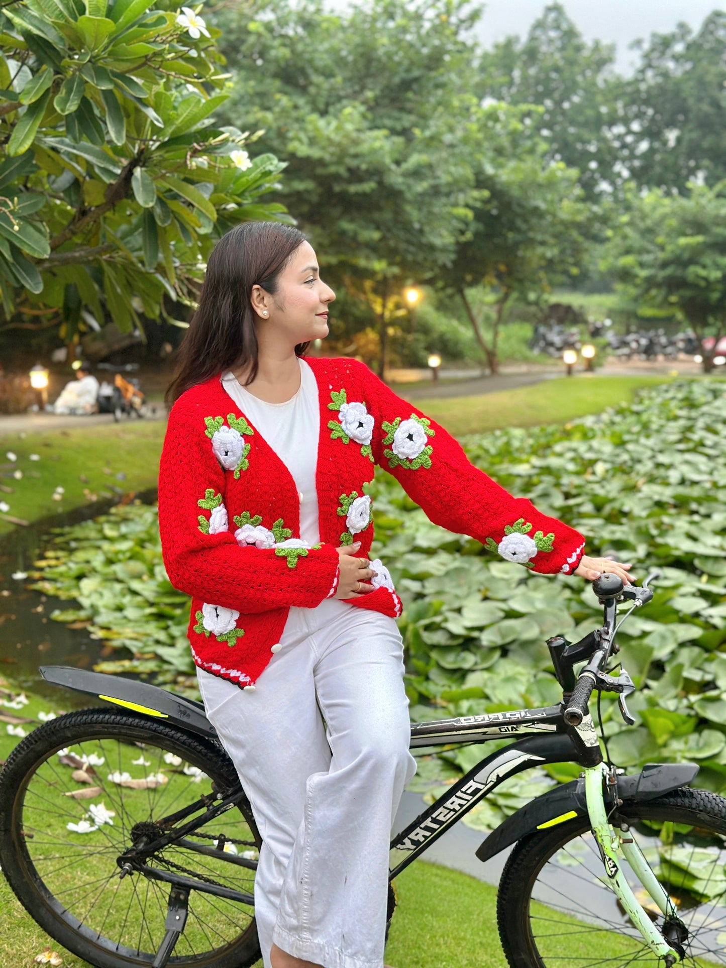 Jane Flower Patch Handmade Cardigan - Red