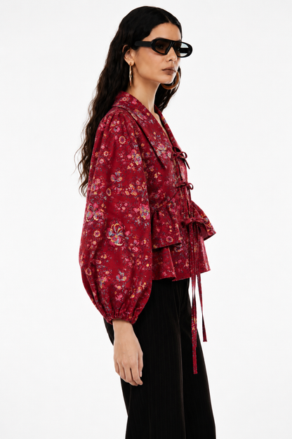Women's Maroon Floral Tie-Up Peplum Top