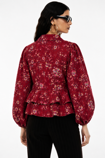 Women's Maroon Floral Tie-Up Peplum Top