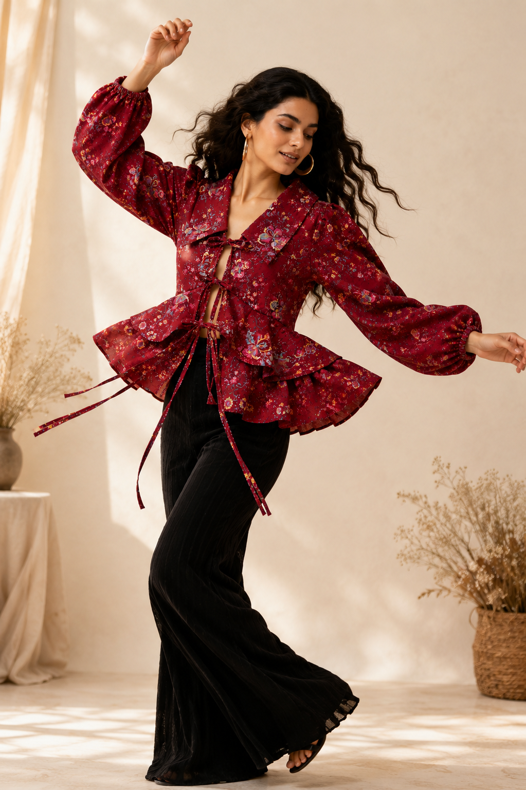 Women's Maroon Floral Tie-Up Peplum Top